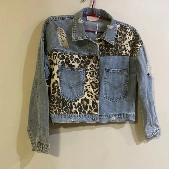 [S]C+D+M Leopard patched Distressed Cropped Jean Jacket - Picture 1 of 7
